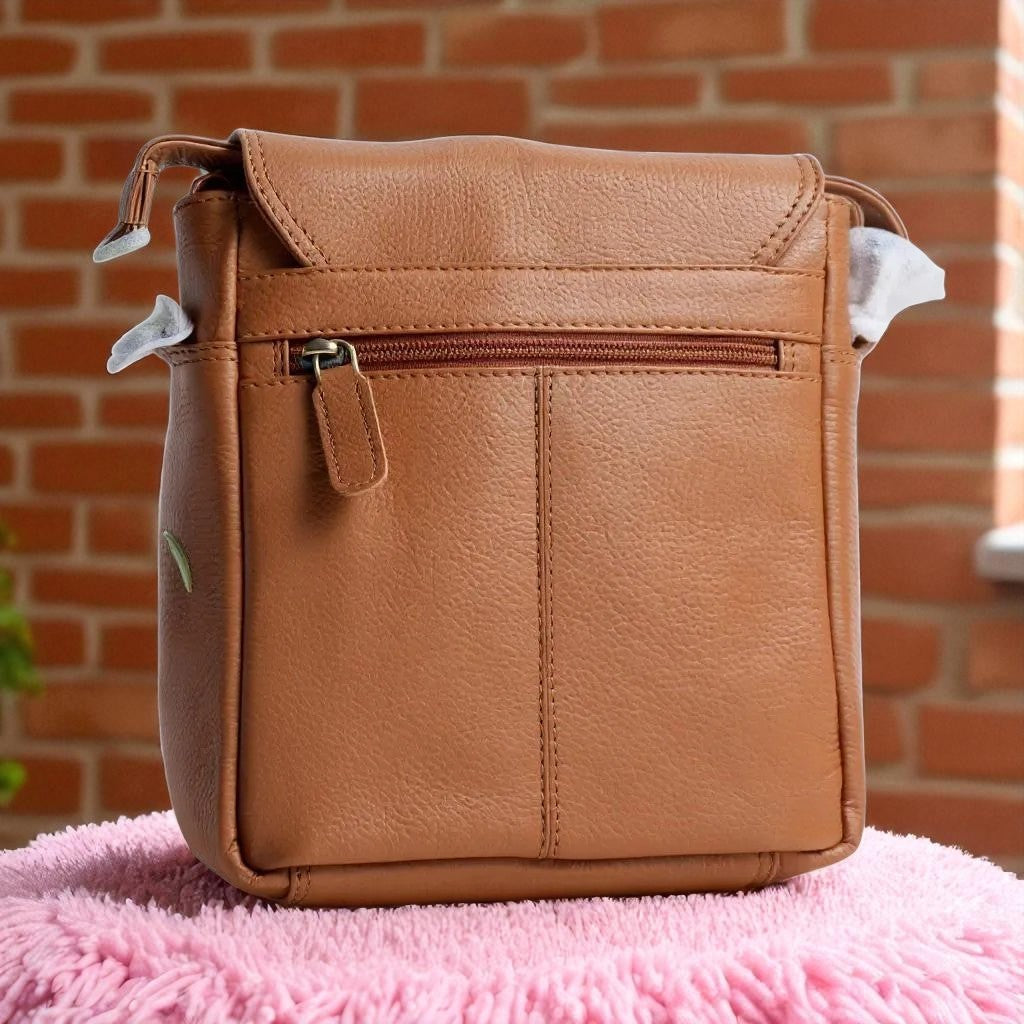 Evorya® Genuine Leather Sling Bag with Flap – Tan Brown