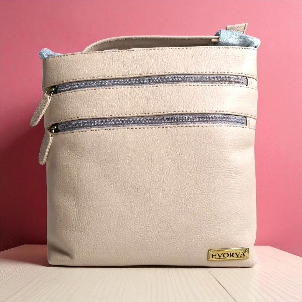 Evorya® Elegant Beige Dual-Zip Sling Bag