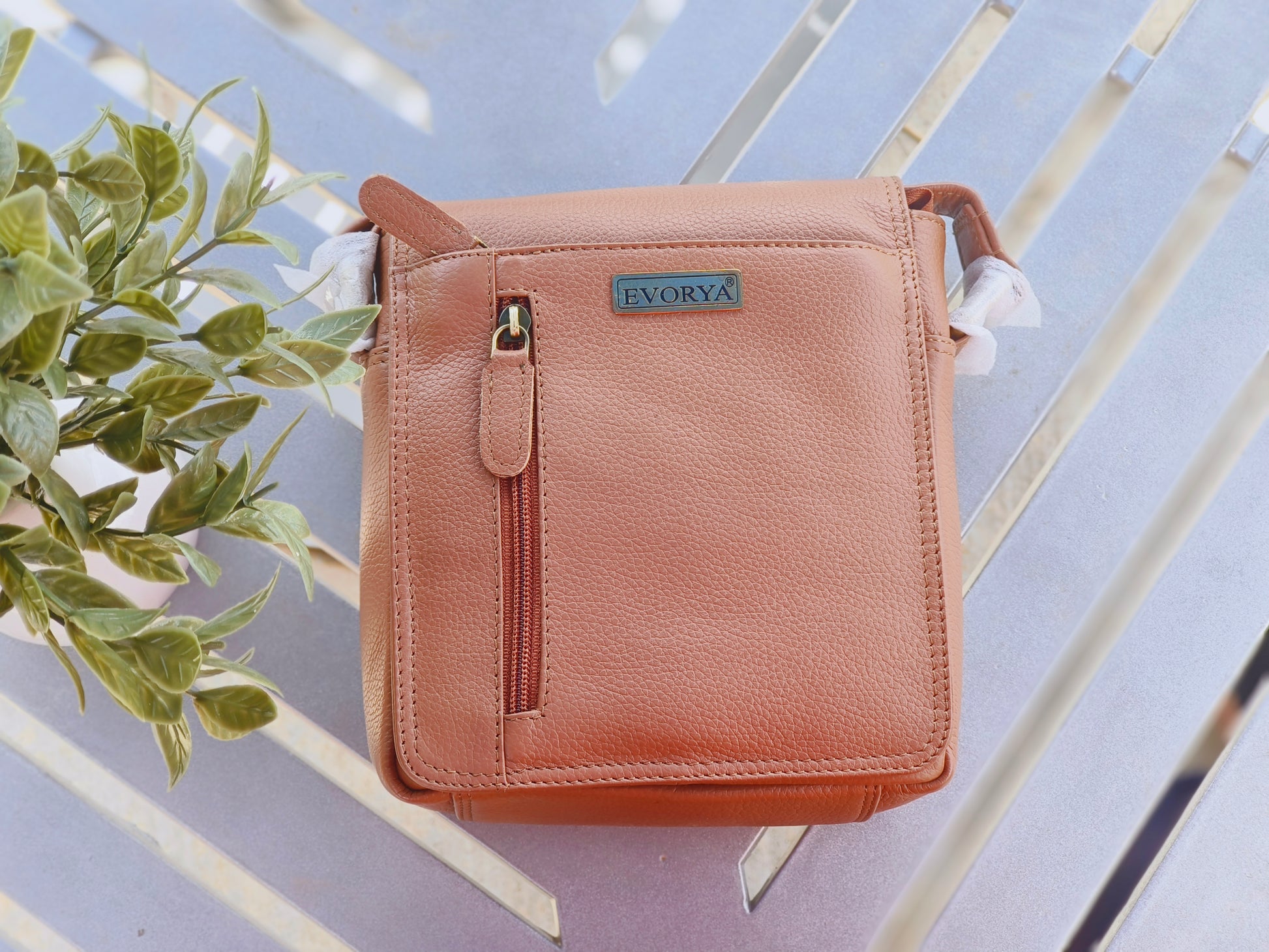 Evorya® Genuine Leather Sling Bag with Flap – Tan Brown