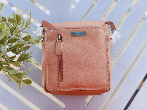 Evorya® Genuine Leather Sling Bag with Flap – Tan Brown