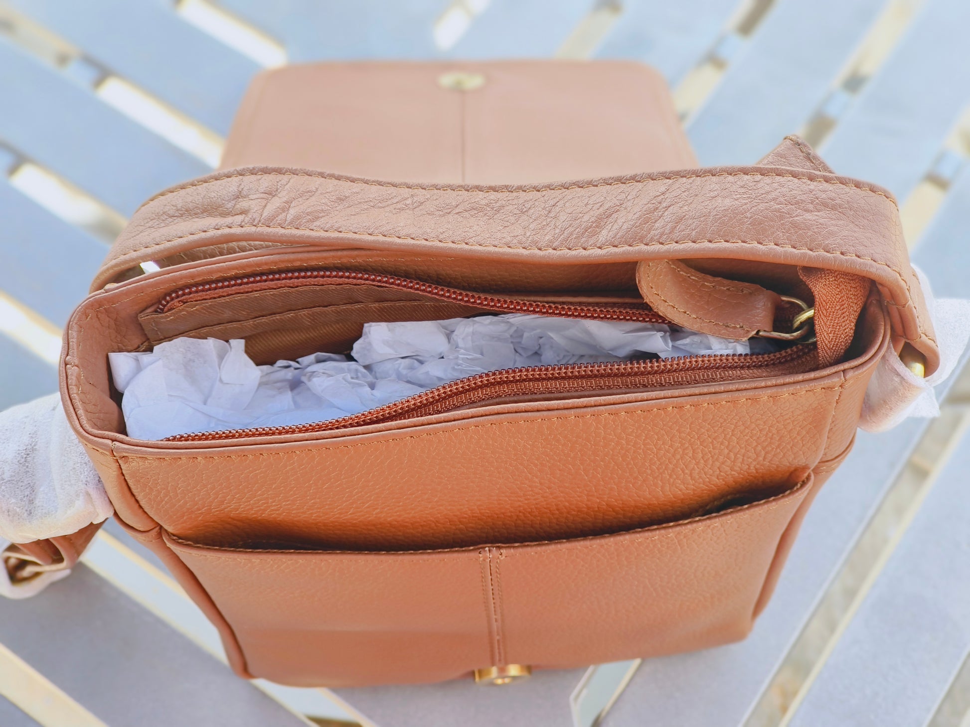 Evorya® Genuine Leather Sling Bag with Flap – Tan Brown
