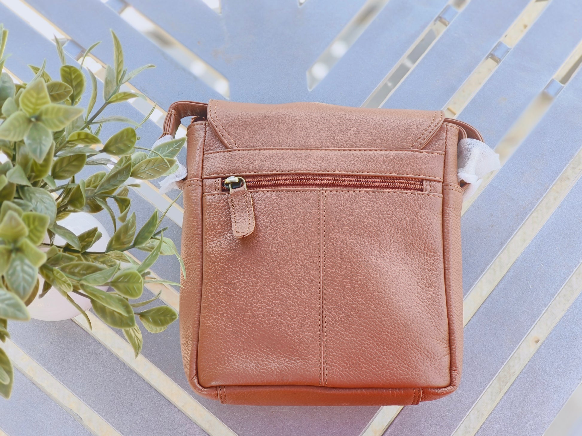 Evorya® Genuine Leather Sling Bag with Flap – Tan Brown