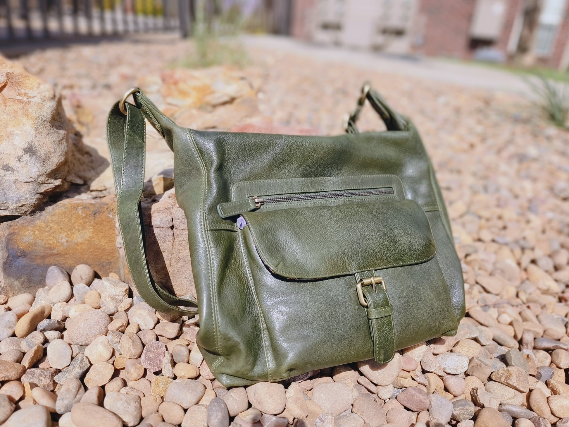 Evorya® Olive Green Genuine Leather Crossbody Bag with Front Buckle