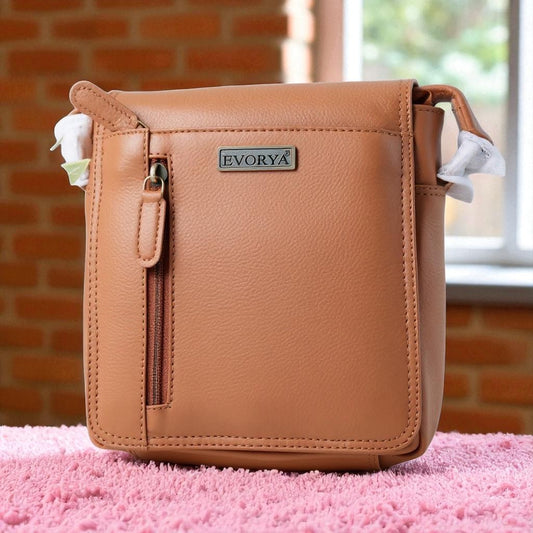 Evorya® Genuine Leather Sling Bag with Flap – Tan Brown