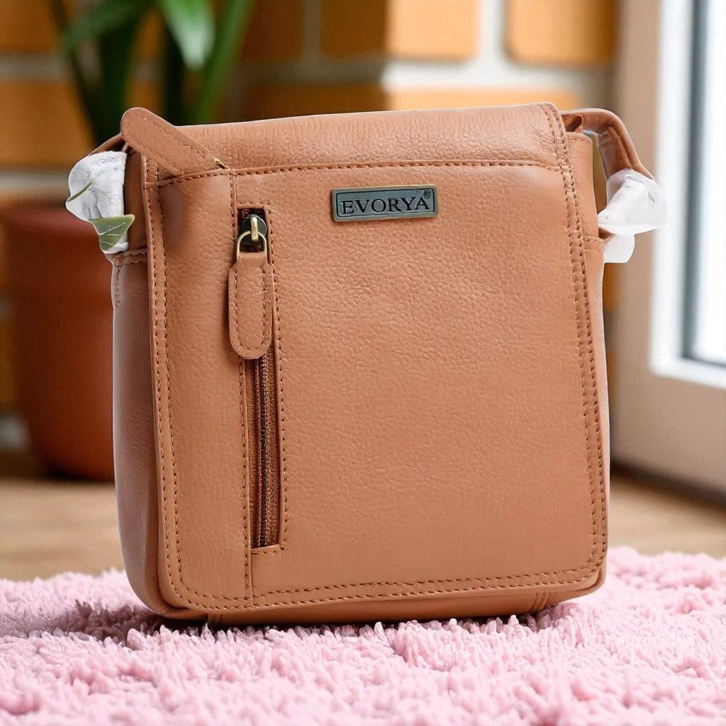 Evorya® Genuine Leather Sling Bag with Flap – Tan Brown