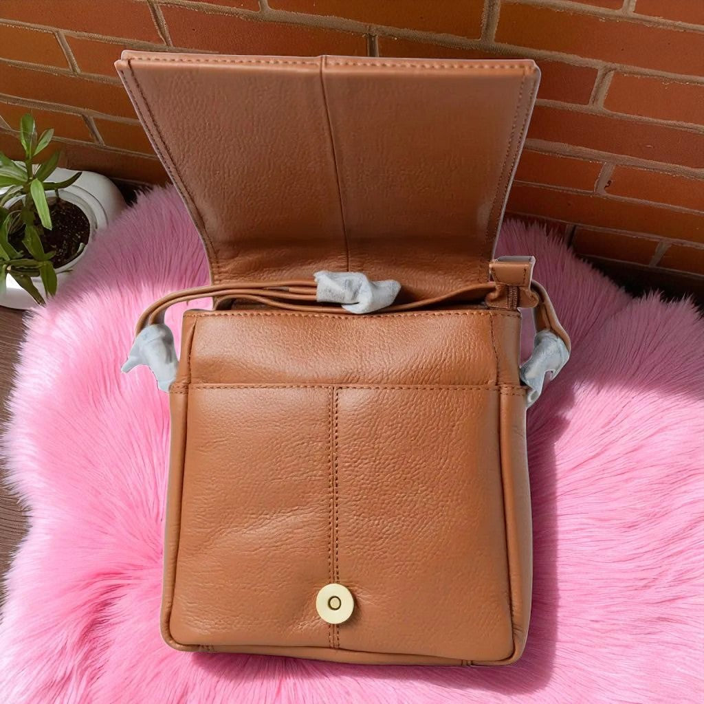 Evorya® Genuine Leather Sling Bag with Flap – Tan Brown