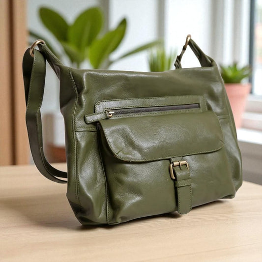 Evorya® Olive Green Genuine Leather Crossbody Bag with Front Buckle