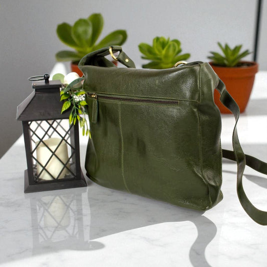 Evorya® Olive Green Genuine Leather Crossbody Bag with Front Buckle