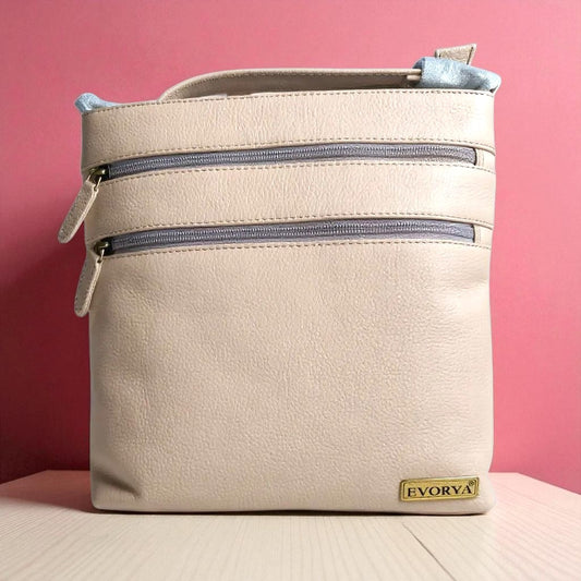Evorya® Elegant Beige Dual-Zip Sling Bag